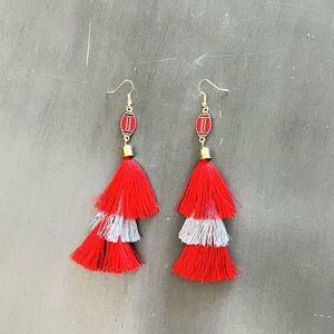 Enamel Football & Red Gray Tassel Game Day Ohio State Buckeyes 4.5" Earrings